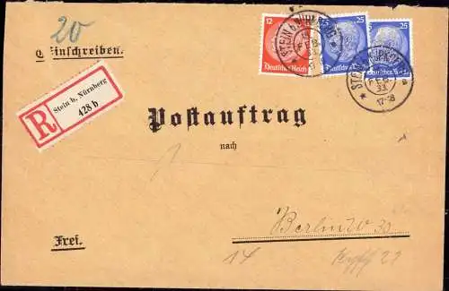 602044 | Postauftrag 1931, Einschreiben, nachverwendeter Bayernstempel, Firmenlochung Perfin  | Stein (W - 8504), -,