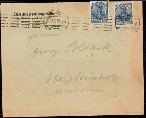 602046 | Brief 1919, mit Firmenlochung Perfin der Fleisch Versorgungsstelle  | Stuttgart (W - 7000), -,