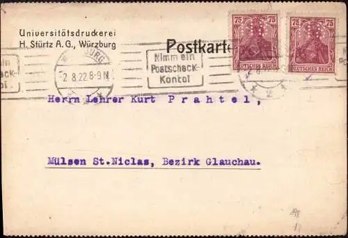 602061 | Postkarte mit Firmenlochung Perfin der Universitätsdruckerei H. Stürz  | Würzburg (W - 8700), -,