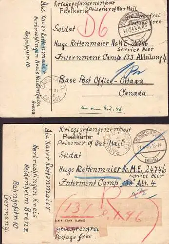 602098 | 2 Karten Kriegsgefangenenpost POW in das Internment Camp 133, 	Lethbridge, Alberta, Canada | Herbrechtingen (W
