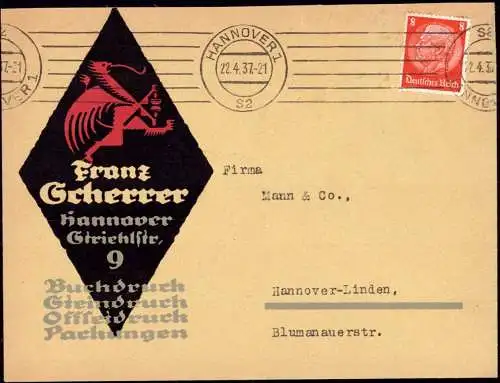 602121 | Firmenlogo, dekorativer Brief der Druckerei Franz Scherer, Striehlstr. Greif  | Hannover (W - 3000), -,