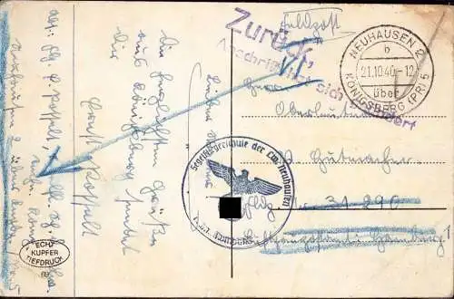 602136 | Ostpreussen, Zurück auf Feldpostkarte von der Segefliegerschule, Erh. 3-4, Knick | Neuhausen (Königsberg OP)