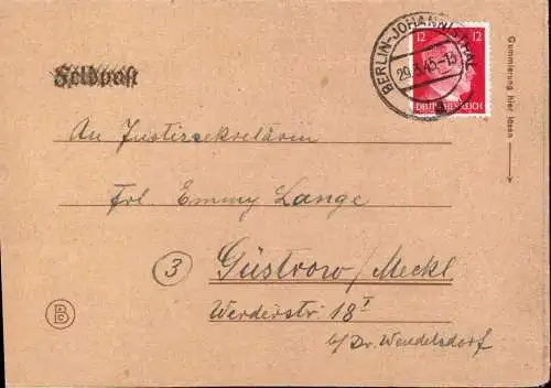 602148 | Brief mit Inhalt vom 29.3.1945 mit einem interessanten Text | Johannisthal ; Treptow-Köpenick ; Berlin (O 1000)