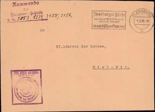 602158 | Dienstbrief, Frei durch Ablösung, Kommando der Torpedoschule, Kriegsmarine  | Flensburg (W - 2390), -,