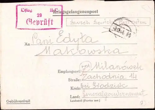 602196 | Kriegsgefangenenpost POW, Deutsche Post Osten Oflag 2C, gelocht, Zensur | Woldenberg Kreis Friedeberg, Neumark