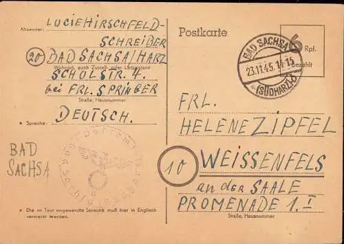 602218 | 1945, Ganzsache der Britischen Zone mit Postamtssiegel | Bad Sachsa (W 3423)