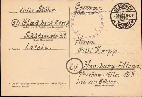 602219 | 1945, Ganzsache der Britischen Zone mit Postamtssiegel  | Gladbeck (W - 4390), -,