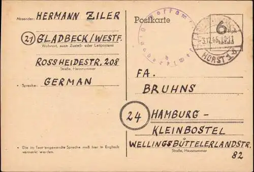 602220 | 1945, Ganzsache der Britischen Zone mit Postamtssiegel | Gladbeck (W 4390), Horst  ; Gelsenkirchen (W 4650)