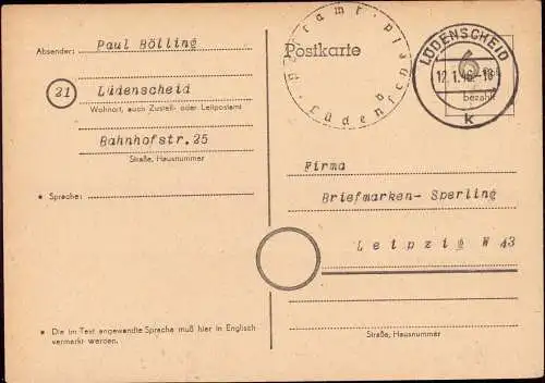 602221 | 1945, Ganzsache der Britischen Zone mit Postamtssiegel  | Lüdenscheid (W - 5880), -,