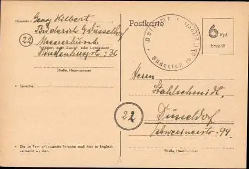602222 | 1945, Ganzsache der Britischen Zone mit Postamtssiegel, Büderich  | Meerbusch (W - 4005), -,