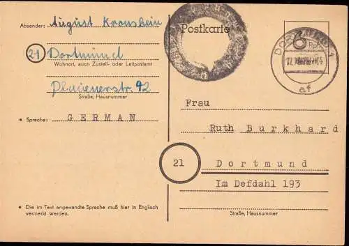 602224 | 1945, Ganzsache der Britischen Zone mit Postamtssiegel  | Dortmund (W - 4600), -,