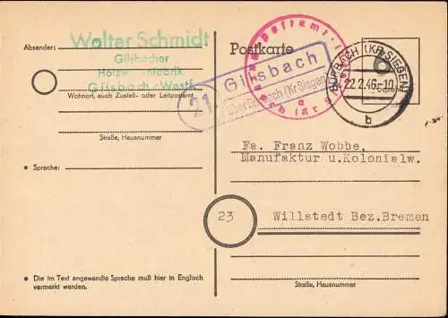 602225 | 1945, Posthilfsstelle Gilsbach, Ganzsache der Britischen Zone mit Postamtssiegel | Burbach (W 5909)