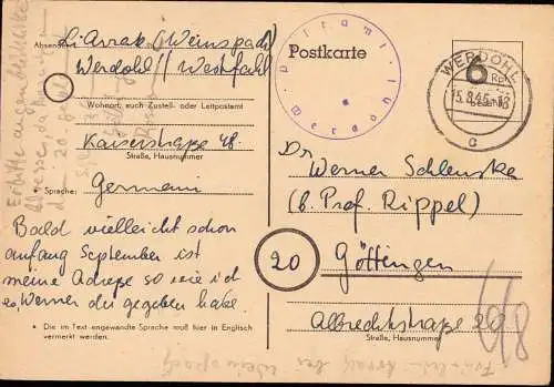 602226 | 1945, Ganzsache der Britischen Zone mit Postamtssiegel  | Werdohl (W - 5980), -,