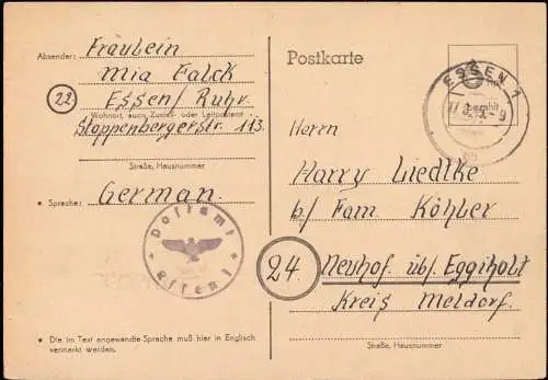 602227 | 1945, Ganzsache der Britischen Zone mit Postamtssiegel  | Essen (W - 4300), -,
