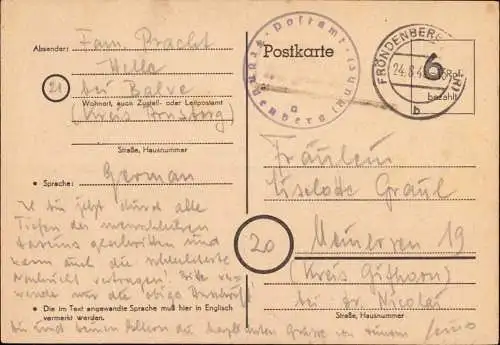 602228 | 1945, Ganzsache der Britischen Zone mit Postamtssiegel  | Fröndenberg (W - 5758), -,