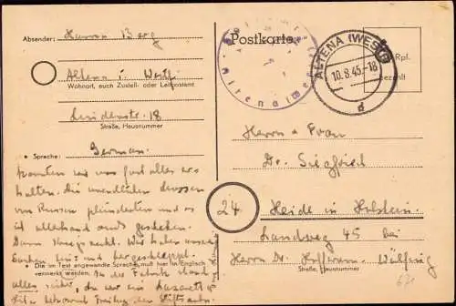 602229 | 1945, Ganzsache der Britischen Zone mit Postamtssiegel  | Altena (W - 5990), -,