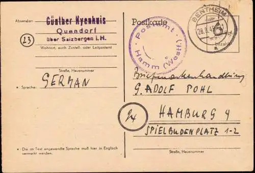 602230 | 1945, Ganzsache der Britischen Zone mit Postamtssiegel  | Hamm (W - 4700), Bad Bentheim (W - 4444),