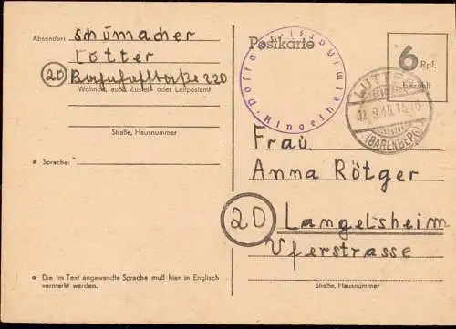 602231 | 1945, Ganzsache Britischen Zone mit Postamtssiegel aufgegeben in Lutter am Barenberge | Ringelheim; Salzgitter