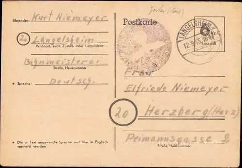 602232 | 1945, Ganzsache der Britischen Zone mit Postamtssiegel aufgegeben in Langelsheim | Goslar (W 3380)