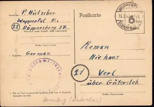 602235 | 1945, Ganzsache der Britischen Zone mit Postamtssiegel aufgegeben in Wuppertal  | Homberg (Niederrhein) (W - 410