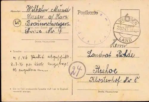 602236 | 1945, Ganzsache der Britischen Zone mit Postamtssiegel  | Seesen (W - 3370), -,