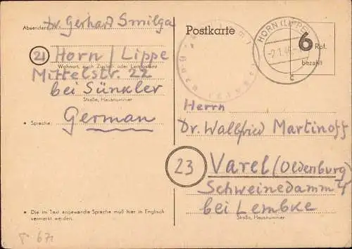 602238 | 1945, Ganzsache der Britischen Zone mit Postamtssiegel | Horn-Bad Meinberg (W 4934)