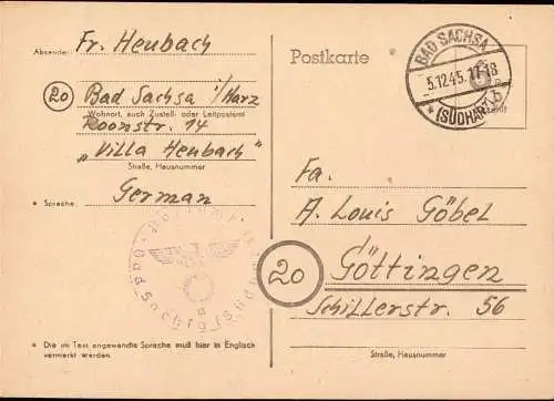 602239 | 1945, Ganzsache der Britischen Zone mit Postamtssiegel  | Bad Sachsa (W - 3423), -,