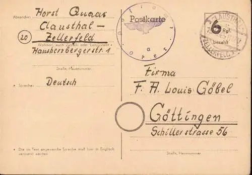 602244 | 1945, Ganzsache der Britischen Zone mit Postamtssiegel aufgegeben in Clausthal Zellerfeld  | Oker, -,