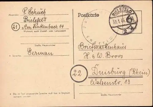 602245 | 1945, Ganzsache der Britischen Zone mit Postamtssiegel aufgegeben in Bielefeld  | Enger (W - 4904), -,