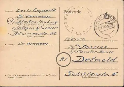 602247 | 1945, Ganzsache der Britischen Zone mit Postamtssiegel  | Hohenlimburg  ; Hagen (W - 5800), -,