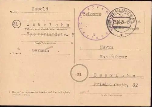 602248 | 1945, Ganzsache der Britischen Zone mit Postamtssiegel  | Iserlohn (W - 5860), -,