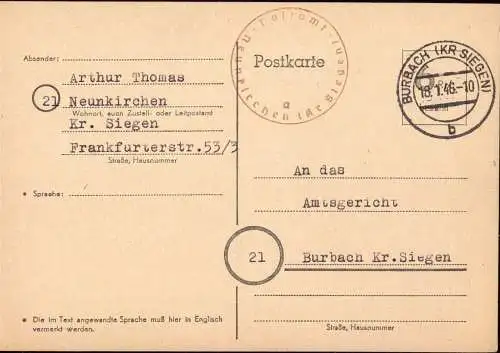 602249 | 1945, Ganzsache der Britischen Zone mit Postamtssiegel aufgegeben in Burbach  | Neunkirchen (Westf.) Siegen