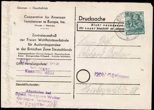 602293 | Bestätigung für den Erhalt eines Care Pakets, Deutsche Geschichte  | Göttingen (W - 3400), -,
