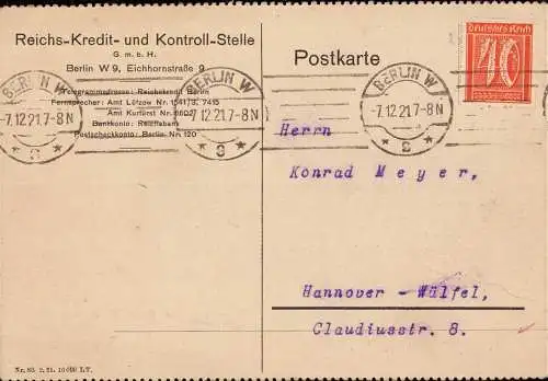 602359 | Postkarte mit Firmenlochung Perfin der Reichs Kredit und Kontrollstelle, Bank, Geld, Devisen | Berlin (W 1000)