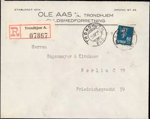 602374 | Brief per Einschreiben der Goldschmiedewerkstatt Ole Aas in Trondhjem, Guldsmed | Trondheim