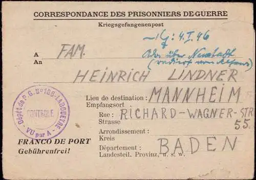 602380 | Kriegsgefangenenpost POW Lager 186, Zensurstempel mit falsche Ortsangabe, Mont-de-Marsan | Labouheyre;Landes (F