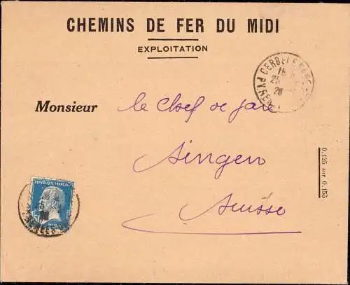 602385 | Brief mit Firmenlochung Perfin Chemins de Fer du Midi, Eisenbahn  | Cerbere;Pyrenees-Orientales (F 66290 Frankr