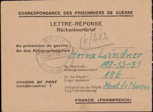 602394 | Kriegsgefangenenpost POW Lager 186, Zensurstempel mit falsche Ortsangabe, Mont-de-Marsan  | Labouheyre;Landes (