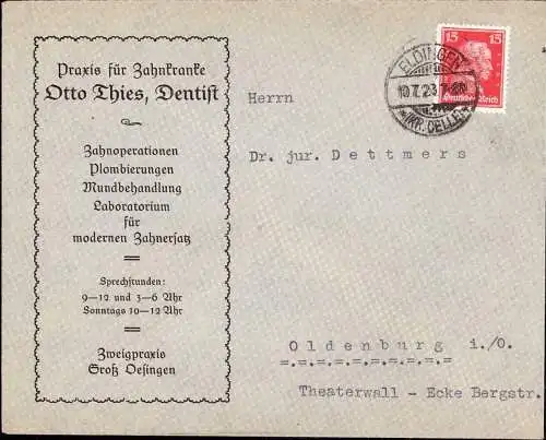 602396 | Dekorativer Absender, Zahnarzt, Dentist Otto Thies | Eldingen (W 3101), Celle (W 3100)
