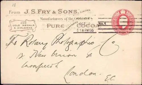 602398 | Ganzsache mit Zudruck der Firma J. S. Fry & Sons, Bristol, Kakao, Schokolade  | -, -,