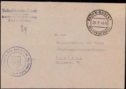 602405 | Dienstbrief des Tabakkontrollamt der Franz Zone, Tabak, Zigaretten  | Baden-Baden (W - 7570), -,