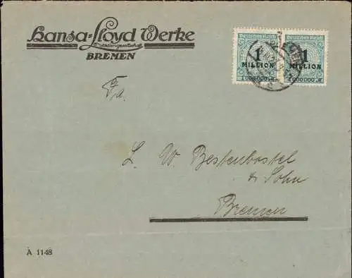 602819 | Inflation, dekorativer Briefumschlag mit dem Firmenlogo der Hansa Lloyd Werke  | Bremen (W - 2800), -,