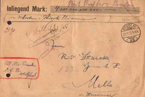 602825 | Inflation, Wertbrief 4 Billionen Mark mit handschriftlichem Gebühr Bezahlt Vermerk, Erh. 3, gelocht | Breslau