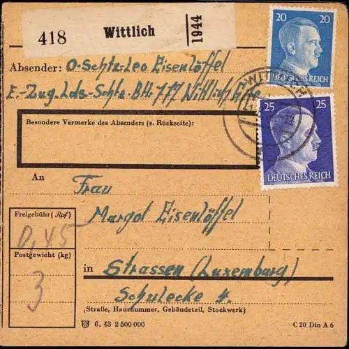 602854 | Paketkarte des Schützen Eisenlöffel nach Strassen Luxemburg  | Wittlich (W - 5560), -,