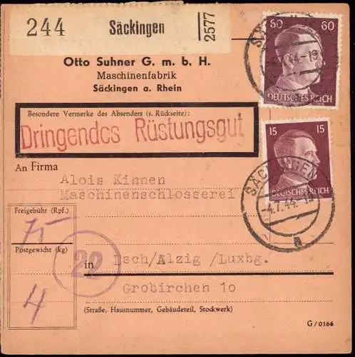 602855 | Paketkarte dringendes Rüstungsgut nach Esch / Alzig, Luxemburg  | Säckingen (W - 7880), -,