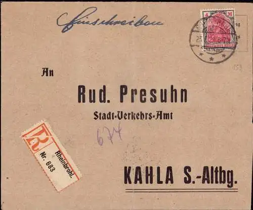 602861 | Inflation, Einzelfrankatur der 4 Mark Germania per Einschreiben  | Rheinbrohl (W - 5456), Kahla (O - 7901),