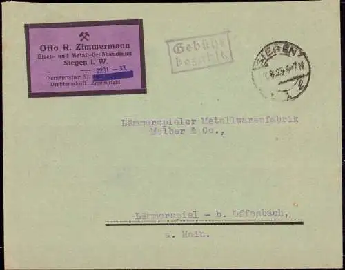 602866 | Inflation, dekorativer Brief, mit Gebühr Bezahlt, der Firma Zimmermann nach Lämmerspiel | Siegen, Offenbach