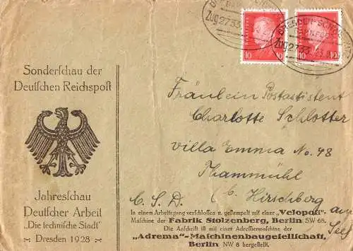 602870 | Aufbrauch Brief Jahresschau Die Techniche Stadt, Sonderschau der Reichspost, Adrema, Velopost  | Dresden (O - 8
