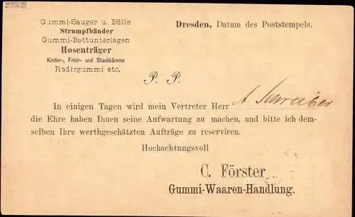 602883 | Vertreterkarte der Firma C. Förster, Gummiwaren, Marke Farbgeprüft | Dresden (O 8010)