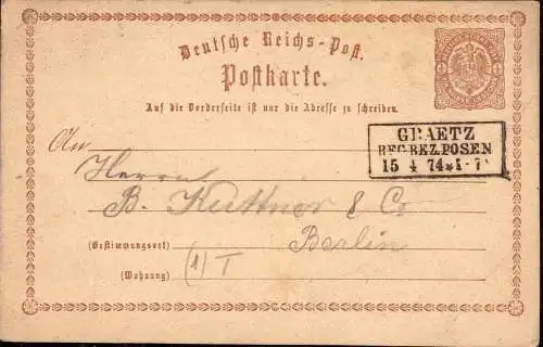 602904 | Westpreussen, Ganzsache, gelaufen 1874 aus dem Reg. Bezirk Posen | Graetz (Kreis Grätz WP)